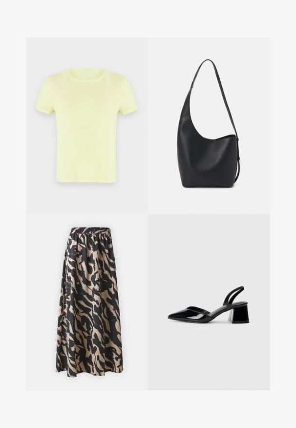 Neon dzeltena īsām piedurknēm T-kreklu no kokvilnas. Ar klasisku apaļu kakla izgriezumu un gludu, vieglu tekstūru.; Melnas un bēšas garas svārki ar elastīgu jostasvietu, kas raksturojas ar abstraktu dzīvnieku rakstu un plūstošu siluetu.; Melna lakota āda ar atvērto papēdi, ar smailu purngalu un ģeometrisku blokpapēdi. Iezīmējas elegants, minimāls dizains un gluda tekstūra.; Melnas ādas hobo soma ar gludu tekstūru, izliekta forma un vienu regulējamu jostu; augšā ir plaša atvere.