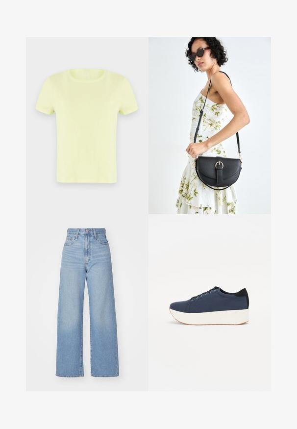 Tricou cu mânecă scurtă, de culoare galben neon, din bumbac. Dispune de un guler rotund clasic și o textură fină, ușoară.; Jeans cu talie înaltă, de culoare albastru deschis, cu croială largă, dotate cu nasture și fermoar la față, buzunare în față și spate, pe un fundal alb.; Sneaker albastru închis, cu un material texturat pe partea superioară, talpă platformă albă, vârf rotunjit și accent de călcâi negru. Dispune de șase găuri pentru șireturi.; Geantă din piele neagră, cu o formă curbată, curea detașabilă și accesorii aurii. Geanta are un capac cu un detaliu tip cataramă.