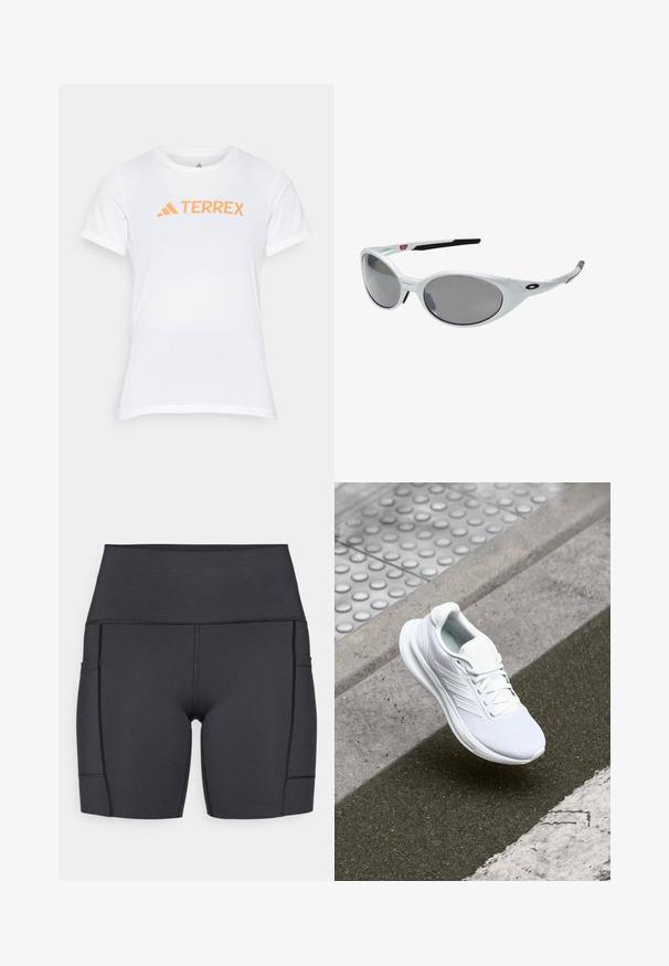 Biała koszulka sportowa z krótkim rękawem z pomarańczowym logo "TERREX". Wykonana z lekkiego, oddychającego materiału o gładkiej fakturze.; Czarne szorty z wysokim stanem wykonane z elastycznego materiału, z kieszeniami bocznymi, płaskimi szwami i gładką powierzchnią dla komfortu podczas aktywności.; Białe sportowe buty z siateczkową cholewką, sznurowanym zapięciem i teksturowaną podeszwą. Widoczne subtelne logo i detale bezszwowej konstrukcji.; Białe plastikowe okulary przeciwsłoneczne z dużymi owalnymi soczewkami o szarym zabarwieniu. Posiadają czarne wkładki na uszy oraz małe logo na ramce. Gładkie wykończenie.