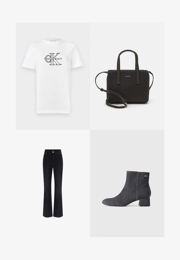 Valkoinen puuvillainen T-paita, jossa on musta "Calvin Klein" -logo ja näkyvästi esillä olevat alkukirjaimet "CK". Lyhyet hihat ja klassinen pyöreä kaulus.; Mustat farkut, joissa on leveät lahkeet, korkea vyötärö, viisi taskua ja metalliset napit sivuilla. Sileä pinta ja klassinen istuvuus.; Tummansiniset nilkkurit, joissa on terävä kärki, korkea blokkikorko, näkyvät ompeleet ja hienovarainen brändilogo sivulla. Sileä tekstuuri.; Musta käsilaukku, jossa on kaksinkertaiset lyhyet kahvat ja irrotettava olkahihna. Silkkinen nahkatunneinen materiaali, jossa on vetoketjukiinnitys ja logoyksityiskohta.