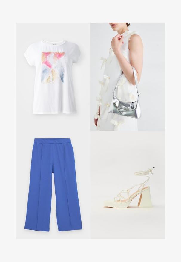 Bela majica s kratkimi rokavi z barvitim abstraktnim dizajnom v roza, modri in zlatih odtenkih. Mehka tekstura, sproščen kroj.; Široke hlače iz mehkega, raztegljivega materiala v svetlo modri barvi. Imajo ravno pasnico in dva sprednja nabora za dodaten oblikovni detajl.; Bela sandala na visokih petah s debelim petam, ki ima obliko trakcev in vezanje okoli gležnja. Gladka tekstura z platformo spredaj za dodatno višino.; Srebrna metalna torbica z oblikovano strukturo, ki ima zgornji ročaj in detajl v obliki mašne spredaj. Gladka tekstura, z odsevnimi površinami.