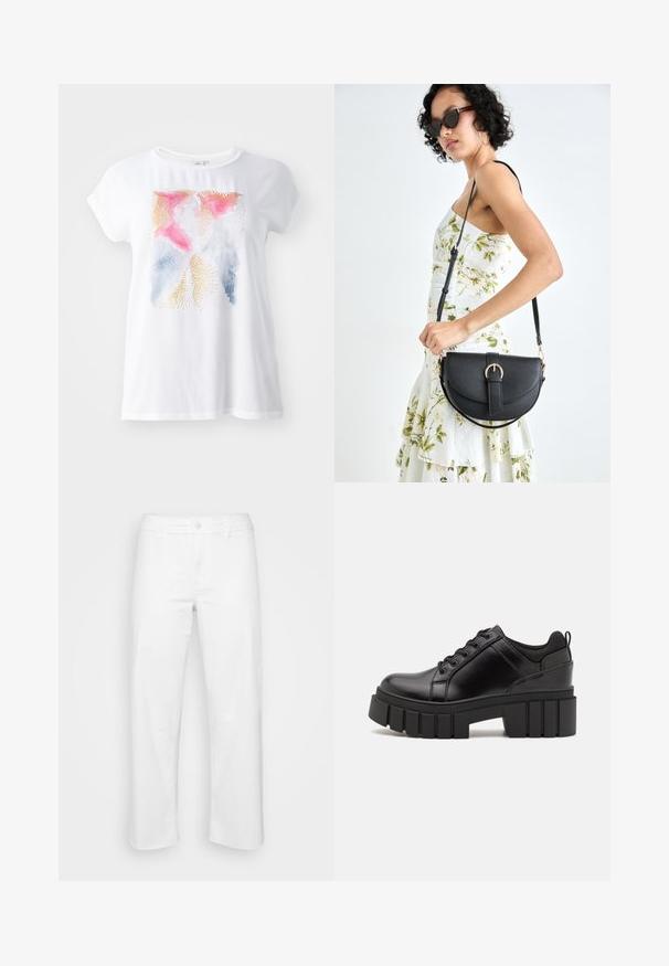 Balta trumpa rankovėmis marškinėliai su spalvingu abstrakčiu piešiniu, kuriame dominuoja rožinė, mėlyna ir auksinė spalvos. Minkšta tekstūra, atsitiktinis siluetas.; Balti medvilniniai kelnės su tiesiomis kojomis, turinčios priekinį mygtuko uždarymą, dirželių kilpas ir subtilius siuvinėjimo akcentus.; Juodi odiniai platformos batai su masyviu blokuota kulniuku, apvalia nosimi ir tradiciniu šnypštimo dizainu. Turintys glotnų paviršių ir minimalų dekoravimą.; Juodas odinis krepšys su išlenkta forma, nuimamu dirželiu ir auksiniais detalėmis. Krepšys turi kilpą su sagtimi.