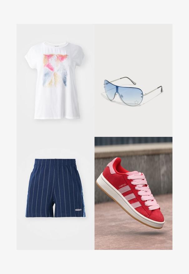 Fehér, rövid ujjú póló színes absztrakt mintával, rózsaszín, kék és arany kiemelésekkel. Puha tapintású, laza fazon.; Sötétkék, fehér csíkos rövidnadrág, elasztikus derékpánttal és Adidas logóval. Az oldalsó részeken kék részletek találhatók, pamut keverék anyagból készült.; Piros velúr sportcipő rózsaszín részletekkel, három fehér csíkkal és világos rózsaszín fűzőkkel. Fehér középtalp és gumírozott talp.; Pilóta napszemüveg, melynek áttetsző kék lencséje, ezüst fém kerete és díszes csillag díszítések találhatók a lencsén. Simogató és elegáns dizájn.