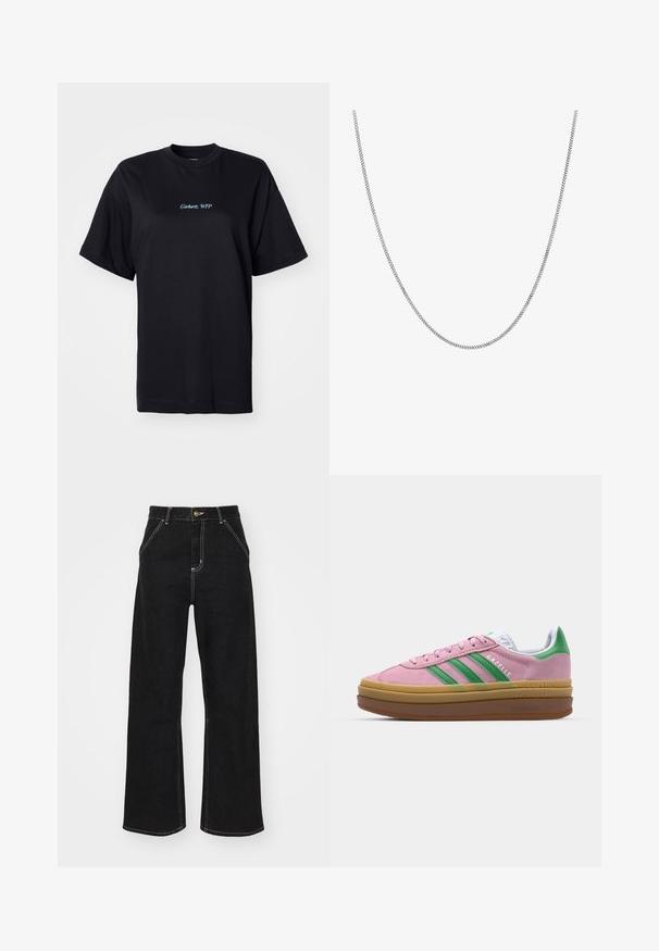 Sort bomulds T-shirt med en afslappet pasform. Har "Carhartt, WTP" broderet i lyseblå på forsiden, rund halsudskæring og korte ærmer.; Sorte bukser med bred ben, lavet af denim og prydet med kontrastfarvet hvid syning samt en frontlukning med knap, og to skrå forlommer.; Lyserøde ruskindsneakers med grønne striber, hvide accenter og en brun gummisål. Har tekstureret stof og logodetaljer på siden.; Sølv kædedesign med glatte, runde flade led. Funktioner en blank finish og måler cirka 50 cm i længden.