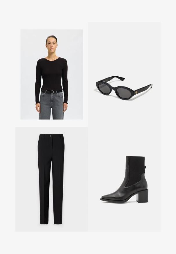 Mustat ribattut pitkähihaiset paidat, joissa on pyöreä kaula-aukko, yhdistettynä harmaisiin korkeavyötäröisiin farkkuihin ja mustaan vyöhön, jossa on hopeinen solki.; Mustat muotolahkeiset housut, joissa on suora lahkeiden muotoilu, varustettuna nappikiinnityksellä ja vyölenkeillä, valmistettu sileästä kankaasta.; Mustapohjaiset nilkkurit, joissa on terävä kärki, valmistettu sileästä nahasta ja joustavasta kankaasta. Varustettu palakorkolla ja minimalistisella muotoilulla.; Mustat soikeat aurinkolasit tummilla linsseillä ja kiiltävästä muovista valmistetulla kehällä. Varustettu kullanvärisellä logolla temppeleissä, tarjoten tyylikkään ja modernin muotoilun.; Sininen kuviollinen käsilaukku, joka on valmistettu kankaasta, ja siinä on kaareva muoto, musta nahkakahva sekä logo suunnittelu vaaleammassa sävyssä.