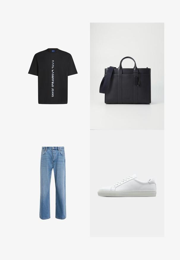 Camiseta de algodón negra con texto vertical blanco que dice "KARL LAGERFELD JEANS". Cuello redondo clásico y mangas cortas. Textura suave.; Jeans de mezclilla azul claro con un diseño de pierna recta, cinco bolsillos, cierre de botón, ligeramente desgastados y detalles de costura en contraste.; Zapatilla blanca con parte superior de cuero liso y perfil bajo. Presenta una puntera redondeada, seis ojales y una suela de goma texturizada.; Maletín de cuero negro marino con dos asas superiores y una correa desmontable. Presenta un acabado texturizado, costura vertical y detalle del logo.