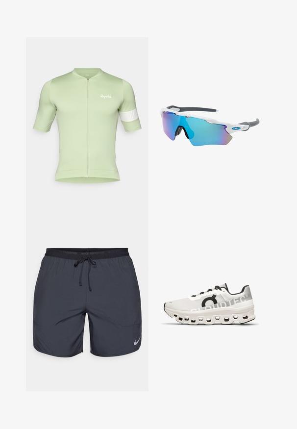 Jasnozielona koszulka rowerowa z zamkiem z przodu, krótkimi rękawami i białym akcentem na lewym ramieniu. Wykonana z gładkiego, dopasowanego materiału.; Krótki spodenki do biegania Nike w ciemnoszarym kolorze, z elastycznym pasem w talii i sznurkiem ściągającym oraz srebrnym akcentem logo na dolnej części prawej nogawki.; Białe buty do biegania z siateczkową cholewką, czarnymi akcentami, amortyzowaną podeszwą z sześciokątnymi wycięciami oraz brandingiem "CLOUDTEC".; Okulary przeciwsłoneczne z białą oprawą, szarymi akcentami i niebieskimi lustrzanymi soczewkami. Sportowy design, kształt otaczający, z regulowanymi noskami.