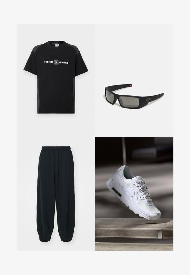 Musta Nike Shox -t-paita, jossa on lyhyet hihat, etupuolella heijastava logo ja kontrastina harmaat sivupaneelit. Sileä pinta.; Mustat, elastisella vyötäröllä varustetut collegehousut, joissa on löysä istuvuus, cuffattu lahje, sileä pinta ja ilman näkyviä kuvioita tai varusteita.; Valkoiset Nike Air Max 90 -lenkkarit, joissa on verkko- ja nahkapinta, rei'itetty kärki ja näkyvä ilmayksikkö kantapäässä.; Mustat aurinkolasit matta-pinnalla, suorakulmaiset linssit, hieman kaarevat tempaukset, hienovarainen logo-yksityiskohta ja savunväriset linssit.