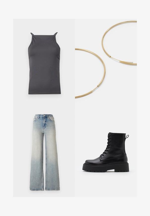 Grijze mouwloze top gemaakt van glad, lichtgewicht stof. Heeft dunne schouderbanden en een eenvoudige, aansluitende pasvorm.; Lichtblauwe wijdlopende spijkerbroek van denim, met een hoge taille, vijf zakken en zichtbare stiksels langs de naden.; Zwarte leren enkelboots met een ronde neus, vetersluiting aan de voorkant en een dikke rubberen zool met een gestructureerd profiel. Trekbandje aan de achterkant.; Gouden oorringen, dun en rond van vorm, met een gladde metallic afwerking en zonder versieringen of patronen.