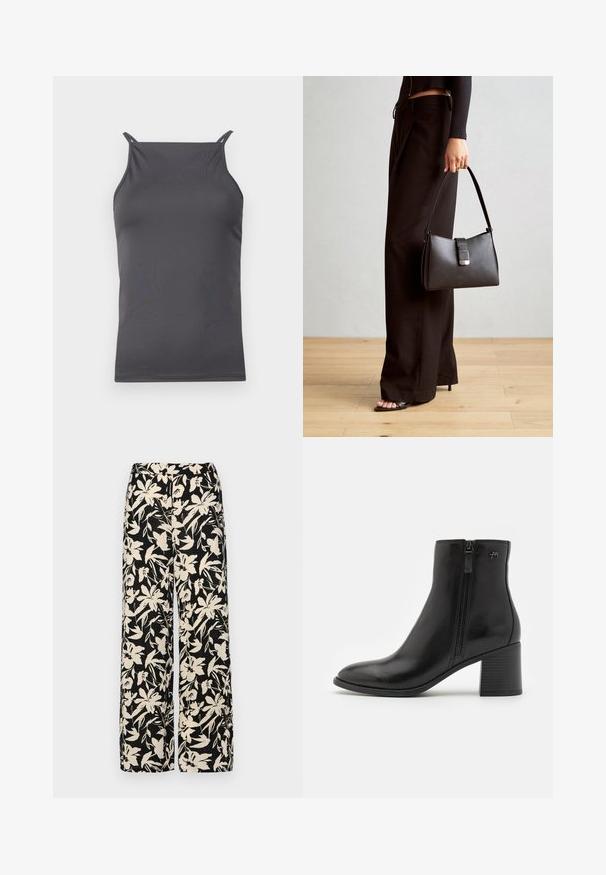 Grå ermeløs topp laget av glatt, lett stoff. Har tynne stropper og et enkelt, kroppsnært design.; Sorte vide bukser med et cremet blomster mønster. Fremstillet af letvægtsstof, med en glat tekstur og en høj talje.; Sorte ankelstøvler laget av glatt lær med glidelås på siden. Har spiss tå og en teksturert blokkhels for stabilitet.; Svart håndveske med strukturert form, jevn tekstur og metallisk lås. Kombinert med brede svarte bukser og sandaler med åpen tå på tregulv.