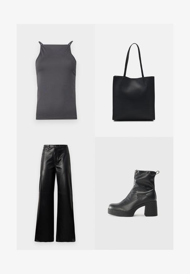 Gray sleeveless top made from smooth, lightweight fabric. Features thin straps and a straightforward, fitted design.; Black high-waist wide-leg faux leather pants with front button, zip closure, belt loops, and side pockets on white background.; Black ankle boots made of smooth leather, featuring a side zipper, chunky textured heel, and rounded toe design.; Black leather tote bag with smooth texture, rectangular shape, and two long handles. No visible hardware or embellishments.