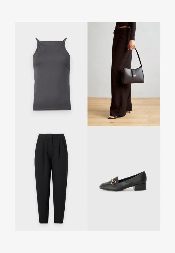 Top gri fără mâneci, realizat dintr-un material neted și ușor. Are bretele subțiri și un design simplu, ajustat.; Pantaloni negri cu o croială dreaptă, având pliseuri în partea din față, o textură netedă și buzunare laterale. Talie de înălțime standard.; Loaferi negri din piele, cu toc plat, având un detaliu decorativ din hardware auriu în față și o textură netedă.; Genți negre cu o formă structurată, textură netedă și un închizător metalic. Asortată cu pantaloni negri largi și sandale cu vârf deschis pe un podea din lemn.
