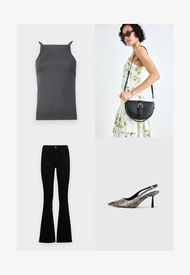Grijze mouwloze top gemaakt van glad, lichtgewicht stof. Heeft dunne schouderbanden en een eenvoudige, aansluitende pasvorm.; Zwarte hoge taille jeans met een knoop- en ritssluiting, voorzakken en een flared pijp, plat gelegd op een witte achtergrond.; Puntige slingback schoenen van textuur leer met slangenprint, met een slanke zwarte hak en een uitgesneden ontwerp aan de zijkanten.; Zwarte leren handtas met een gebogen vorm, afneembare schouderband en gouden hardware. De tas heeft een klep met een gespsluiting.