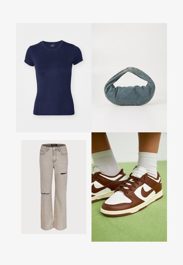 Gina Tricot SOFT TOUCH TOP - T-paita - black iris; Vaaleanharmaat farkut rentoa mallia, joissa on kuluneita yksityiskohtia ja repeämiä polvissa sekä haalistunut pinta. Mukana on viisi taskua ja vyölenkit.; Ruskea ja valkoinen nahkakengät, joissa on rei'itetty varvasosa, teksturoituja yksityiskohtia ja litteät nauhat. Mallissa on matala muotoilu ja kumipohja.; Sininen farkkureppu, jossa on pehmustettu, pyöreä muoto ja kaareva kahva. Kankaan pinta on pehmeä, ja siinä on näkyvää ommeltavaa sekä sileä viimeistely.; Hope hopea, joissa on kierren muotoilu, kiiltävä pinta ja takana kiinnitettävä suljin. Halkaisija noin 3 cm.