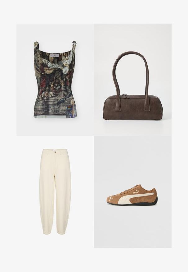 Vivienne Westwood ANNA - Débardeur - multi-coloured; Pantalons en coton beige clair avec une coupe décontractée, des jambes fuselées, des poches avant et une fermeture à bouton unique à la taille.; Baskets basses en daim marron avec des accents crème, surface texturée, semelle en caoutchouc noir et logo brodé sur le côté et la languette.; Sac à main en cuir marron avec deux poignées robustes, de forme rectangulaire, texture lisse et fermeture zippée. Design minimaliste sans motifs visibles.