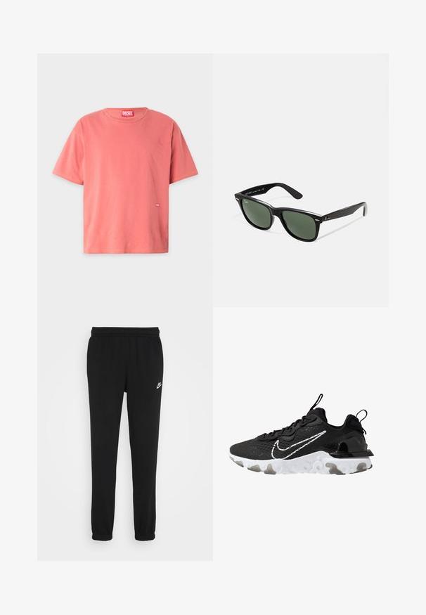 T-shirt coral de manga curta, feita de algodão, com um decote redondo, costuras amarelas contrastantes e um pequeno logótipo vermelho da Diesel na frente.; Calças de fato de treino pretas com um cinto elástico, pernas ajustadas e um pequeno logótipo da Nike em branco no lado esquerdo. Feitas de um tecido macio texturizado.; Sapatilha atlética preta com um cabedal de tecido texturizado, swoosh branco da Nike e sola branca espessa. Apresenta uma alça no calcanhar para facilitar o calçar.; Óculos de sol de plástico preto com lentes verdes, armações quadradas, detalhe prateado na sobrancelha e hastes texturizadas. Marca indicada na parte interna da haste.