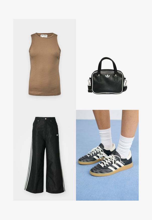 Aware VMA NOOS - Top - otter; Čierne džínsy s širokým strihom, s tromi bielymi pruhmi po stranách a malým bielym logom. Obsahujú predné vrecká a zapínanie na gombík.; Čierne kožené tenisky s bielymi pruhmi, okrúhlou špičkou, bielymi šnúrkami a gumovou podrážkou. Vyzdvihujú ich vypchávkovaný golier a detaily s logom.; Čierna kožená kabelka s dvoma krátkymi držadlami, striebornými kovovými doplnkami, bielymi akcentmi a bielym logom. Vyznačuje sa textúrovaným povrchom a kompaktným dizajnom.