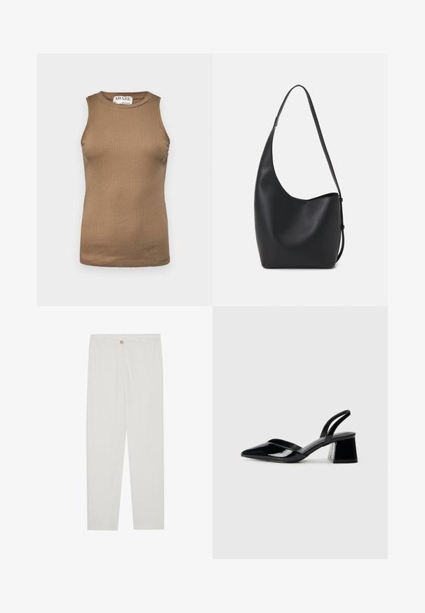 Aware VMA NOOS - Top - otter; Witte, op maat gemaakte broek met een rechte pijpdesign, featuring een knoopsluiting, riemlussen en zijzakken; gladde stoftextuur.; Zwarte gepatineerde leren slingback hakken met een spitse neus en een geometrische blokhak. Kenmerkt zich door een slank, minimalistisch ontwerp en een gladde textuur.; Zwarte leren hobo tas met een gladde textuur, kromme vorm en een enkele verstelbare schouderband; heeft een brede opening aan de bovenkant.