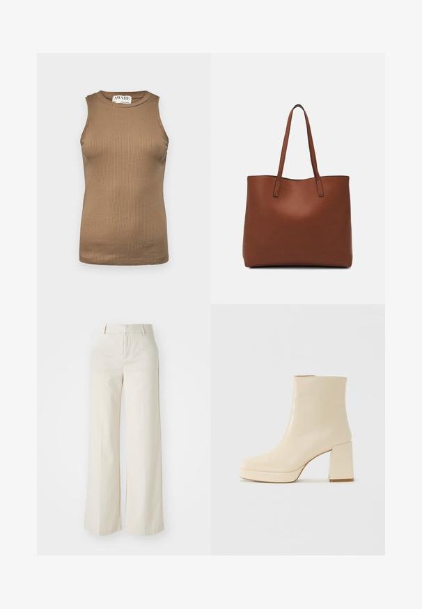 Aware VMA NOOS - Top - otter; Pantalones de pierna ancha en un tono beige claro, confeccionados con una tela suave. Cuentan con una cinturilla clásica y un frente plano con líneas limpias.; Botín de cuero beige hasta el tobillo con tacón bloque y suela de plataforma, de acabado liso y puntera ligeramente cuadrada, mirando a la izquierda sobre fondo blanco.; Bolso tote de cuero marrón con una textura suave, diseño de apertura superior y dos correas para el hombro. Presenta una costura mínima y sin herrajes visibles.