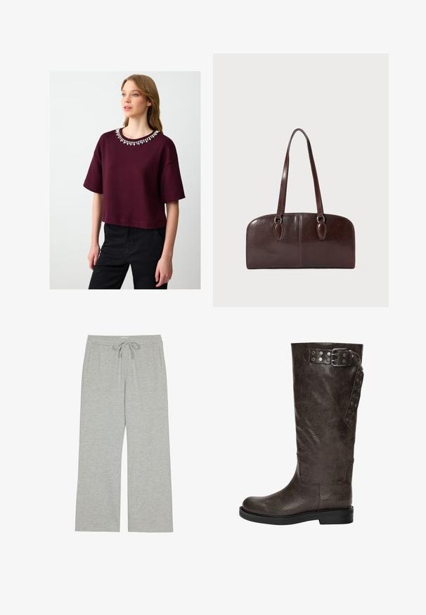 Bordeaux geknipte t-shirt met korte mouwen en een decoratieve kraalrand. Zacht materiaal met een casual pasvorm, gecombineerd met zwarte broek.; Lichtgrijze sweatpants gemaakt van zacht, textuurstof met een trekkoord in de taille en zijzakken; brede, ontspannen pasvorm.; Bruine leren laars tot de knie met een gestructureerde afwerking, voorzien van een gespsluiting en drukknoopaccenten aan de zijkant, en een vlakke rubberen zool.; Bruine leren handtas met twee lange handvatten, een gestructureerde rechthoekige vorm, een gladde textuur en ronde randen. Beschikt over accentdetails bij de handvatten.