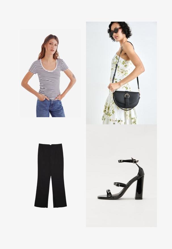 Stribet kortærmet skjorte med scoop-halsudskæring, der har marineblå og hvide vandrette striber, ribbet tekstur, båret med højtaljede jeans.; Sorte bukser med lige pasform, der har frontlommer og slidser i kanten. Lavet af blødt, glat stof. Velegnet til forskellige anledninger.; Sorte laklædersandaler med høje hæle, to spænderemme, firkantet tå og en kraftig blokhæl, der har en glat, blank overflade.; Sort læderhåndtaske med en buet form, aftagelig rem og guldfinish. Tasken har en klap med en spænde detalje.