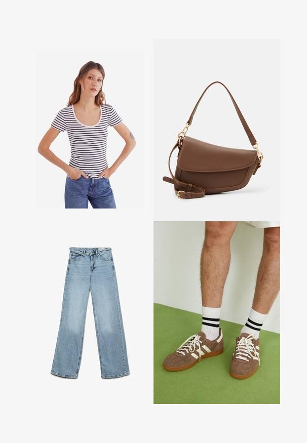 Stribet kortærmet skjorte med scoop-halsudskæring, der har marineblå og hvide vandrette striber, ribbet tekstur, båret med højtaljede jeans.; Lys blå bukser med brede ben, lavet af denim, med et klassisk fem-lomme design og lige snit med minimal fade-effekt på benene.; Brune ruskind sneakers med hvide detaljer og snørebånd. Gummisål i naturgummi. Båret med hvide sokker med sorte striber. Grøn struktureret gulv.; Brun læder skuldertaske med en tekstureret overflade, buet form, guldfarvet hardware, justerbar rem og klaplukning.