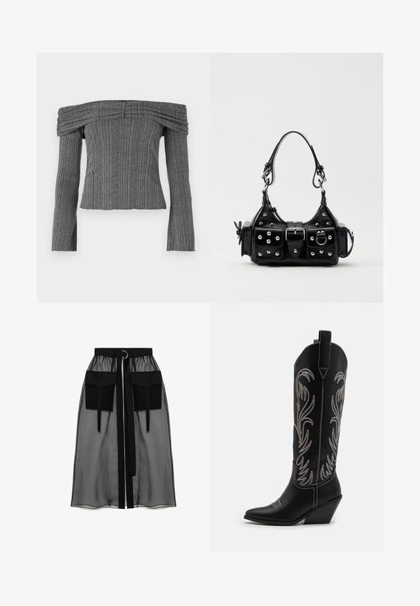 Top off-shoulder dintr-un material texturat gri cu dungi verticale, cu mâneci lungi și detalii pliate pe linia gâtului.; Fustă neagră transparentă cu un talie plisată, având două buzunare mari în față, un cordon pentru talie și un accent metalic circular.; Bocanci de cowboy din piele neagră, cu vârfuri ascuțite, toc wedge și modele florale brodate cu fir argintiu de-a lungul tijei. Cusături în contrast pe întreaga suprafață.; Geantă de piele neagră cu un design curbat, dotată cu studuri argintii, o cataramă și două buzunare laterale. Curea ajustabilă pentru opțiuni de transport.