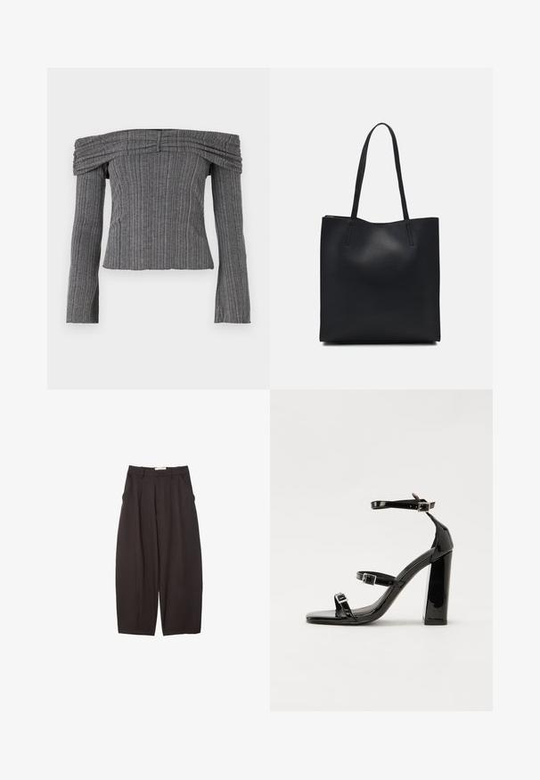 Top scollato in tessuto grigio testurizzato con strisce verticali, dotato di maniche lunghe e dettagli arricciati lungo il colletto.; Pantaloni neri a gamba larga realizzati in un tessuto morbido, con vita alta, pieghe frontali e tasche laterali. Design semplice senza decorazioni.; Sandali con tacco alto in vernice nera con due cinturini con fibbia, punta quadrata e tacco spesso a blocco, caratterizzati da una texture liscia e lucida.; Borsa tote in pelle nera con texture liscia, forma rettangolare e due manici lunghi. Nessun hardware o decorazione visibile.