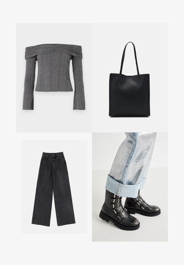 Ermeløs topp i strukturert grått stoff med vertikale striper, med lange ermer og rynkedetaljer langs utringningen.; Svart bred ben jeans i denim med høy midje, klassisk fem-lommers design og subtil fading. Holdbart stoff med en jevn tekstur.; Sorte skinnghe ankle boots med fem sølvspenner, en kraftig sort såle, parret med rullet lyseblå metalliske jeans.; Svart lær tote bag med glatt tekstur, rektangulær form og to lange håndtak. Ingen synlige deler eller dekorasjoner.