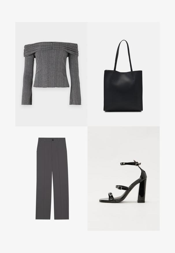 Bluzka na jedno ramię z teksturowanej szarej tkaniny w pionowe paski, z długimi rękawami i marszczeniami wzdłuż dekoltu.; Szare spodnie o prostym kroju nogawki, z dwoma bocznymi kieszeniami i zapięciem na guzik. Gładki materiał bez widocznych wzorów czy akcentów.; Czarne lakierowane sandały na obcasie z kwadratowym noskiem, z paskami wokół kostki i srebrnymi klamrami. Posiadają masywny słupek dla stabilności.; Czarna skórzana torba tote o gładkiej fakturze, prostokątnym kształcie i dwóch długich uchwytach. Brak widocznych elementów metalowych i ozdób.