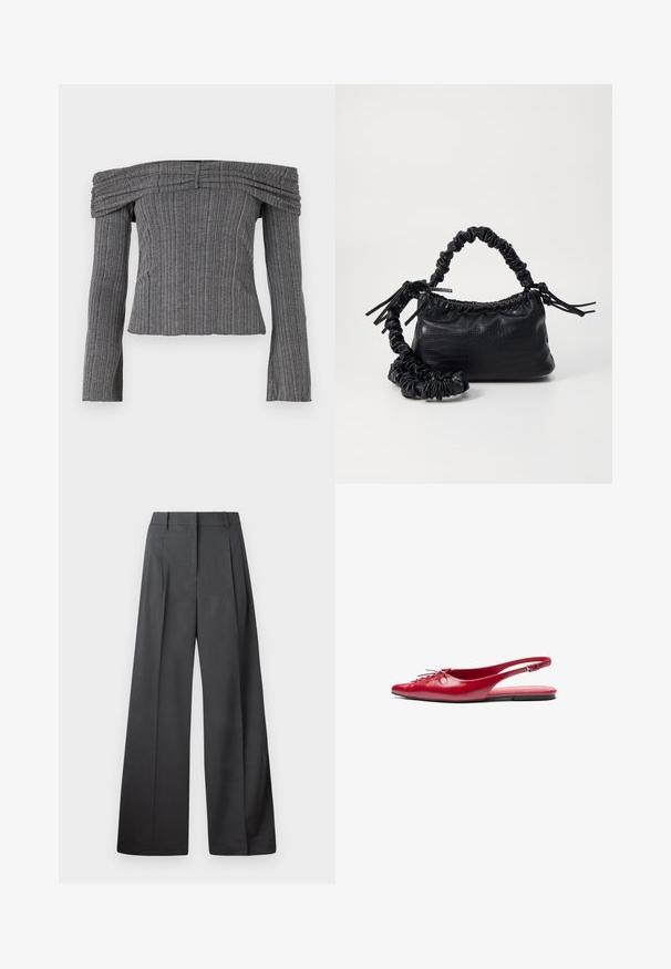 Off-shoulder top in gestructureerde grijze stof met verticale strepen, voorzien van lange mouwen en geplooide details rond de halslijn.; Wijde broek in donkergrijze stof, met een hoge taille, enkele plooien en een gladde textuur met een nette afwerking aan de zoom.; Rode leren slingback platte schoen met een puntige neus en een decoratieve vetersluiting aan de voorkant, voorzien van een slanke enkelband en een platte zool.; Zwarte nepleer handtas met een krokodillenstructuur, opgedroogde bovenkant en een gekreukte hengsel. Het lijkt zacht en compact van ontwerp.