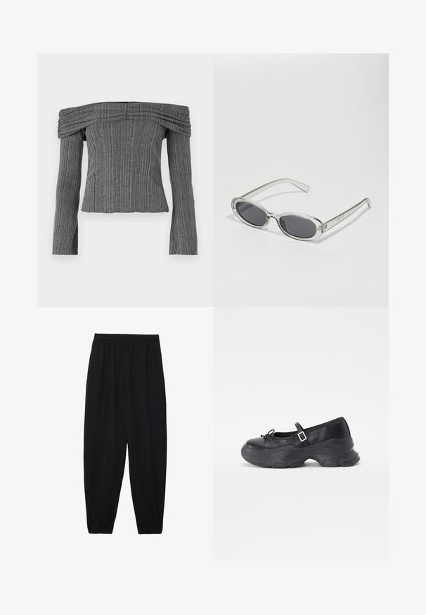 Off-the-shoulder tops ar gaismu pelēkā tekstūrā ar vertikālām svītrām, ar garām piedurknēm un izsistām detaļām ap apkakli.; Melnas, vieglas bikses ar elastīgu jostu un savilktiem potītiem. Audums ir gluds un to raksturo brīva, sašaurināta forma.; Melnas ādas Mary Jane kurpes ar apaļu purngalu, lentu detaļu un regulējamu potītes siksniņu. Ir masīvs gumijas zole ar izliektiem akcentiem.; Saulesbrilles ar ovālu formu, caurspīdīgu plastmasas rāmi, tumši pelēkiem stikliem un plāniem caurspīdīgiem kātiem, kas satur logotipa akcentus un minimālu noformējumu.; Melnas ādas rokassoma ar izliekta formu, noņemamu siksnu un zelta aksesuāriem. Somai ir vāciņš ar sprādzes detaļu.