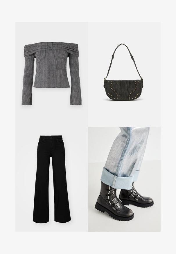 Õlavarrelt avatud tipp tekstureeritud hallist kangast vertikaalsetes triipudes, pikkade varrukatega ja kogutud detailidega kaelakaeluses.; Mustad mustad püksid, mis on valmistatud denimist, struktuurse vöökohtade, vöökootidega ja esikottidega. Sile tekstuur klassikalise disainiga.; Mustad musta nahast säärekingad, millel on viis hõbedast rinnet, plätserdava musta tallaga, koos kerge sinise metallist teksapükstega, millede servad on üles rullitud.; Must mustahjust kott, millel on kumer disain, kinnitusdetailide ja tekstureeritud pinnaga. Reguleeritav rihm, mille serval on nupud.