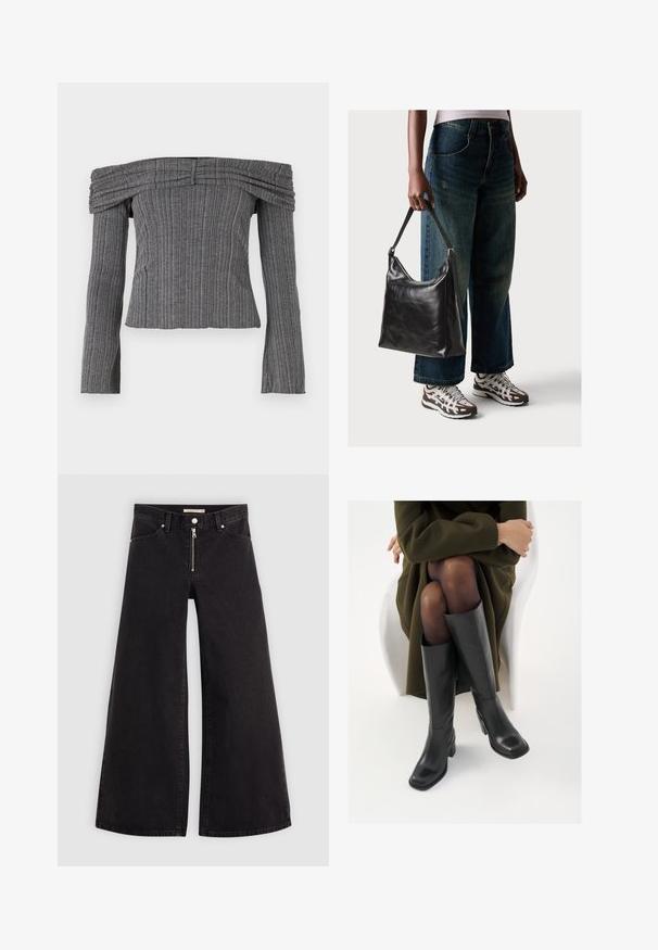 Schulterfreies Oberteil aus strukturiertem grauem Stoff mit vertikalen Streifen, ausgestattet mit langen Ärmeln und gerafften Details am Halsausschnitt.; Schwarze Denim-Jeans mit weitem Bein, Reißverschluss vorne, Fünf-Taschen-Design und dezenten Stickdetails. Glatte Textur und lässiger Stil.; Knöchelhöhe schwarze Lederstiefel mit quadrater Spitze und Blockabsatz, gezeigt mit einem Modell, das einen olivgrünen Mantel trägt. Glatte Textur, minimale Details.; Schwarze Leder-Schultertasche mit glatter Textur und verstellbarem Riemen, kombiniert mit ausgewaschenen weit geschnittenen Jeans und sportlichen Sneakern.