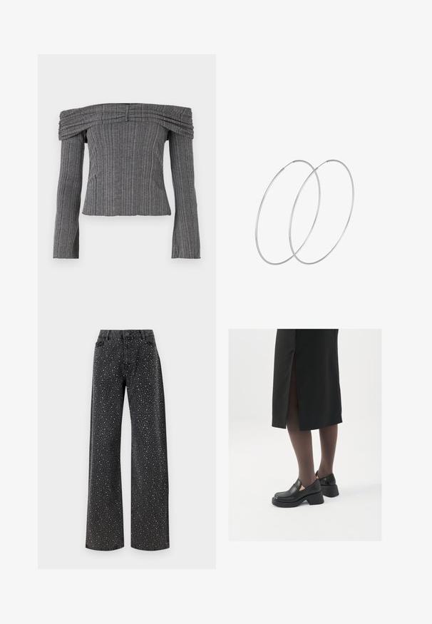 Top bez naramenica od teksturiranog sivog materijala s vertikalnim prugama, s dugim rukavima i nabranim detaljima duž izreza.; Noisy May NMJANNEL LOOSE - Traperice opuštenog kroja - black denim; Crne kožne cipele s zaobljenim vrhom, debelim blok petama i elastičnim bočnim detaljima, uparene s tamnim čarapama i crnom suknjom s prorezom.; Srebrne okrugle naušnice s minimalističkim dizajnom. Kružni oblik, glatka tekstura i tanak profil. Lagane s poliranim završetkom.