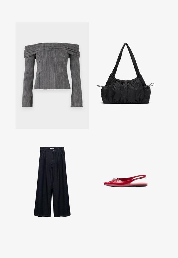 Off-the-shoulder top i tekstureret grå stof med lodrette striber, der har lange ærmer og sammensyning langs halsudskæringen.; Mørk denim bredbenede bukser med høj talje, der har en frontlukning med knap, to sidelommer og syningsdetaljer.; Rød læderslipper med åben hæl og spidse tæer samt en dekorativ snøredetalje foran, der har en slank ankelrem og flad sål.; Sort stof handbag med samlede strukturer, to skulderremme og snorelukning i siderne. Glat, let materiale.