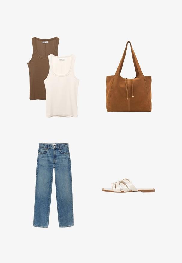 To indtoppe: en i mørkebrun med ribbet tekstur og brede stropper, den anden i off-white, glat stof med lignende design.; Lyseblå denimjeans med lige ben, fem lommer og knaplukning i taljen. Har synlige sømme og en falmet finish.; Flade sandaler med en lys gummisål, designet med tre overlappende hvide læderremme og en lille sløjfe detalje i midten.; Brun ruskinds-tote med to lange stropper, snørelukning og minimalistisk design. Glat tekstur og ingen synlige hardware-detaljer.