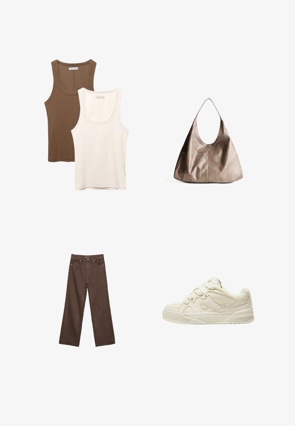 Dwa topy: jeden w ciemnym brązie z prążkowanej tekstury i szerokimi ramiączkami, drugi w kolorze ecru, gładki materiał w podobnym stylu.; Szerokie brązowe dżinsy wykonane z denimu, z wysokim stanem, przednimi kieszeniami i klasycznym zapięciem na guzik. Gładka faktura z subtelnym przeszyciem.; Beżowe trampki z teksturowaną cholewką, wyraźnymi sznurowadłami, siateczkowymi panelami i grubą podeszwą. Krzywy design z wyściółką w okolicy kostki dla komfortu.; Beżowa skórzana torebka hobo o gładkiej teksturze. Posiada dużą, otwartą górę oraz jeden, szeroki pasek na ramię. Zaokrąglony, luźny kształt.