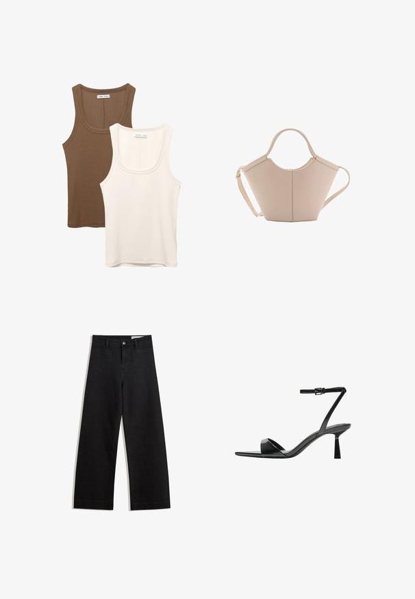 To indtoppe: en i mørkebrun med ribbet tekstur og brede stropper, den anden i off-white, glat stof med lignende design.; Sorte wide-leg denim bukser med høj talje, der har front- og baglommer, syede sømme og en knaplukning. Glat tekstur.; Bershka Højhælede sandaletter / Højhælede sandaler - black; Lysebrun læderhåndtaske med en unik form, featuring to korte håndtag og et langt justerbart rem. Glat tekstur med minimal hardware.