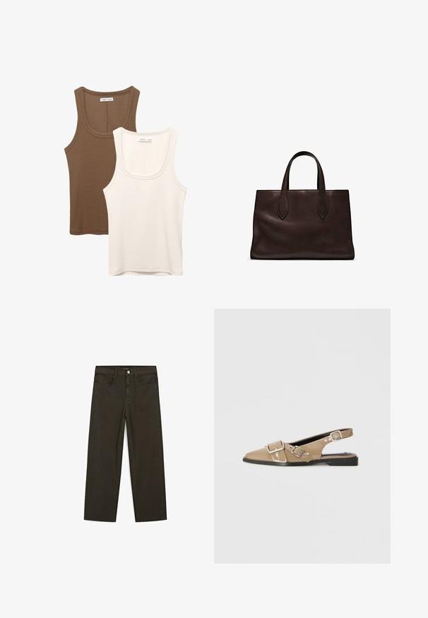 Dwa topy: jeden w ciemnym brązie z prążkowanej tekstury i szerokimi ramiączkami, drugi w kolorze ecru, gładki materiał w podobnym stylu.; Ciemnozielone spodnie dżinsowe typu wide-leg wykonane z mieszanki bawełny, z zamkiem na guzik z przodu, pięcioma kieszeniami i klasycznym przeszyciem dżinsowym.; Beżowe lakierowane buty na obcasie typu slingback z wydłużonym noskiem, dwoma regulowanymi klamrami i niskim czarnym obcasem. Gładka tekstura z błyszczącym wykończeniem.; Brązowa skórzana torba tote z dwoma wydłużonymi uchwytami, usztywnionym prostokątnym kształtem, gładką teksturą i subtelnymi detalami przeszycia.