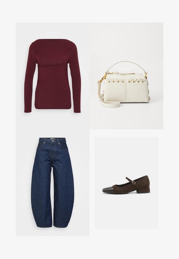 Burgundy színű, hosszú ujjú felső, puha anyagból készült, négyzet alakú nyakkivágással és oldalsó ráncolással a fitted dizájn érdekében. Simább textúra minta nélkül.; Magas derekú sötétkék farmernadrág széles lábakkal, elöl gombbal és cipzárral záródik, klasszikus öt zsebes kialakítással.; Barna velúr Mary Jane cipő fekete lakk bőrből készült orr résszel, állítható pánttal és alacsony blokk sarkával. Simább textúra minimális díszítésekkel.; Fehér műbőr kézi táska, felső cipzárral, rövid fogantyúval és levehető keresztpántos vállpánttal, arany színű fémrészletekkel. Oldalsó fűzés részlet.; Ez egy ezüst fülbevaló, sima felülettel, amelyen apró arany díszítőelemek találhatók. Kerek formájú és a fülcimpán viselik.