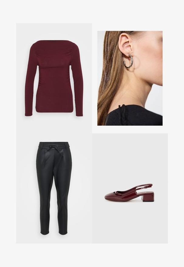 Βουργουνδί long-sleeve μπλούζα φτιαγμένη από μαλακό ύφασμα, με τετράγωνη λαιμόκοψη και πτυχές στο πλάι για εφαρμοστό σχέδιο. Λείο υφή χωρίς μοτίβα.; Μαύρο παντελόνι από τεχνητό δέρμα με ελαστική μέση, μπροστινές πιέτες και κλείσιμο με κορδόνι. Στενή εφαρμογή με ομαλή υφή.; Μπορντό παπούτσι slingback από λουστρίνι με τετράγωνη μύτη, μικρό τακούνι block και διακοσμητική λεπτομέρεια φιόγκος στη μπροστινή ταινία.; Ασημένιο σκουλαρίκι κρίκος με γυαλιστερή φινίρισμα, που διαθέτει μικρές χρυσές λεπτομέρειες και στρογγυλό σχήμα, φορεμένο στον λοβό.