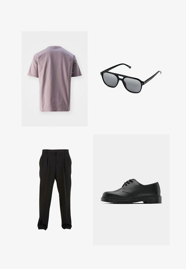 T-shirt à manches courtes et col rond en coton lavande doux avec une texture lisse. Ourlet droit et design minimaliste, sans logos ni motifs visibles.; Pantalons noirs en tissu lisse, avec des plis à l'avant, une taille à bouton et des poignets fuselés. Silhouette classique élégamment taillée.; Chaussure oxford en cuir noir avec un design à lacets, bout rond, semelle en caoutchouc plate et détails de surpiqûre discrets le long du dessus.; Lunettes de soleil noires avec des montures rectangulaires, des verres teintés gris et un design avec découpes au niveau du pont. Matériau plastique lisse et brillant, avec des branches étroites.