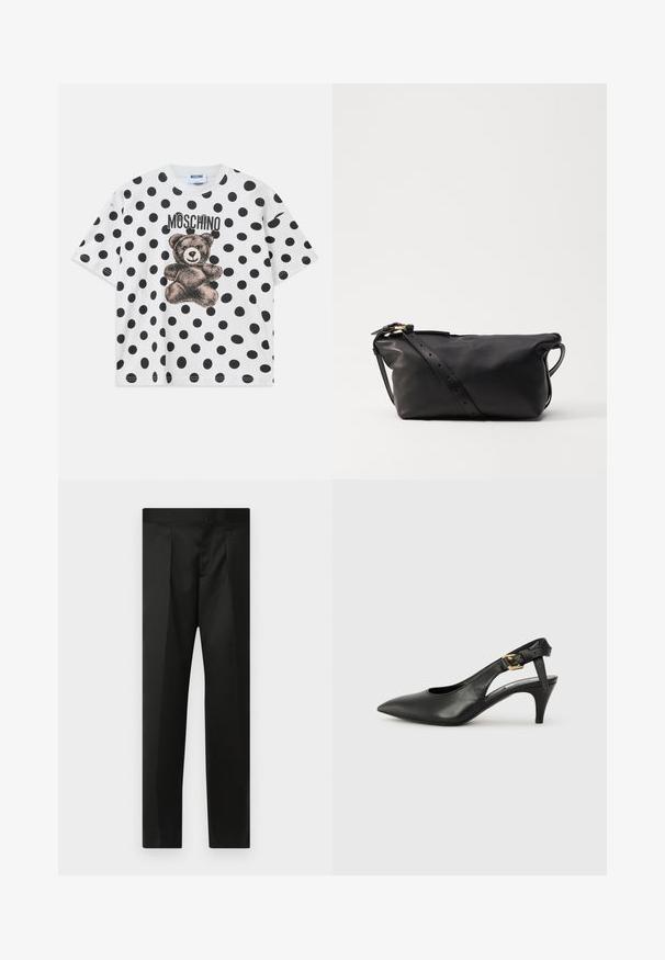 White cotton t-shirt featuring a black polka dot pattern, a bear graphic, and "Moschino" text in black above the design. Short sleeves.; Black trousers featuring a smooth fabric, tailored design, straight legs, and a flat waistband with no visible closures or pockets.; Black leather slingback pump with a pointed toe, small heel, and a buckle detail on the ankle strap. Smooth texture, minimalist design.; Black leather bag with a soft, rectangular shape. Features a detachable strap with adjustable holes and a gold-tone clasp. Smooth texture.