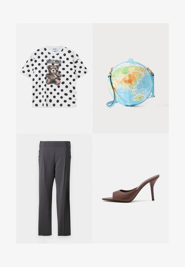 Biely bavlnený tričko s čiernym bodkovaným vzorom, grafikom medveďa a textom "Moschino" v čiernej farbe nad dizajnom. Krátke rukávy.; Šedé nadmerne nohavice s rovnou nohou, prednými skladmi a dekoračnými bočnými knoflíkmi pre prípadné detaily. Hladká textúra látky.; Hnedé kožené sandále na vysokom opätku s otvorenou špičkou a elegantným dizajnom, s širokým predným pásikom a štíhlou stiletto pätou.; Okругlá crossbody kabelka pripomínajúca glóbus, s svetlomodrým základom a detailnou mapou v zelených, oranžových a modrých tónoch; zlaté kovové detaily.