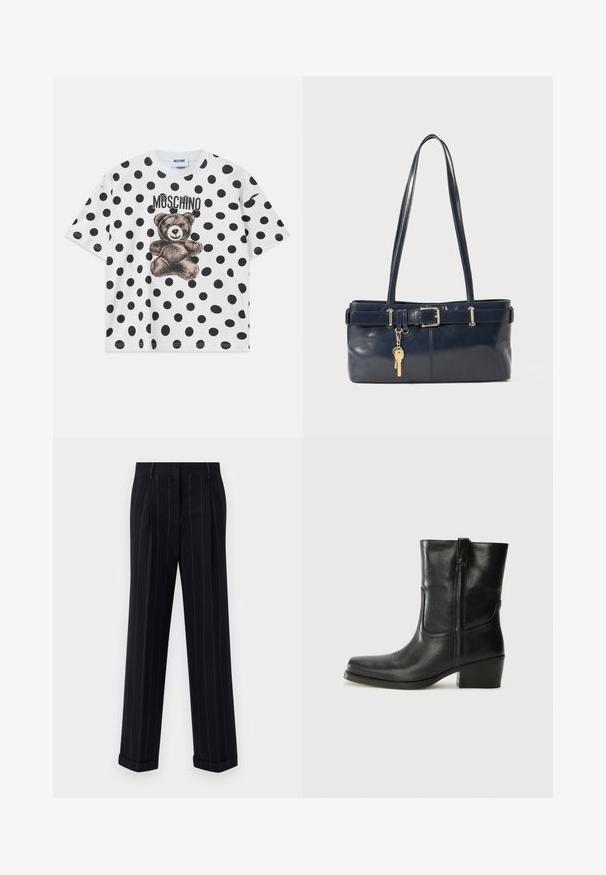T-shirt bianco in cotone con un motivo a pois neri, una grafica di un orso e il testo "Moschino" in nero sopra il design. Maniche corte.; Pantaloni neri a righe sottili con una vestibilità su misura, dotati di orlo con risvolto e pieghe frontali. Realizzati in un tessuto liscio con un design strutturato.; Stivale ankle in pelle nera con punta arrotondata, tacco a blocco, cerniera laterale e dettagli in cucitura sulla tomaia. Texture liscia, design classico.; Borsa a mano in pelle blu con due manici lunghi, un dettaglio con fibbia e un portachiavi attaccato. Presenta una texture liscia e una forma rettangolare.