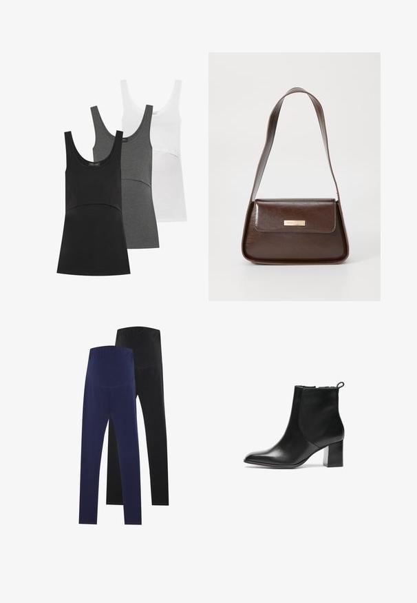 Três camisetas sem mangas nas cores preta, cinza e branca. Cada uma possui um decote arredondado, design sem mangas e material de algodão macio com uma cintura ajustada.; Dois pares de leggings, um azul-marinho e outro preto, com uma textura suave e um cós alto para um ajuste seguro.; Bota de tornozelo em pele preta com bico arredondado, um salto bloco de altura média e uma aba de puxar na parte de trás. Textura suave, design minimalista.; Bolsa de ombro em couro castanho com uma forma estruturada, apresentando um fecho magnético e um detalhe metálico com o logótipo na frente.