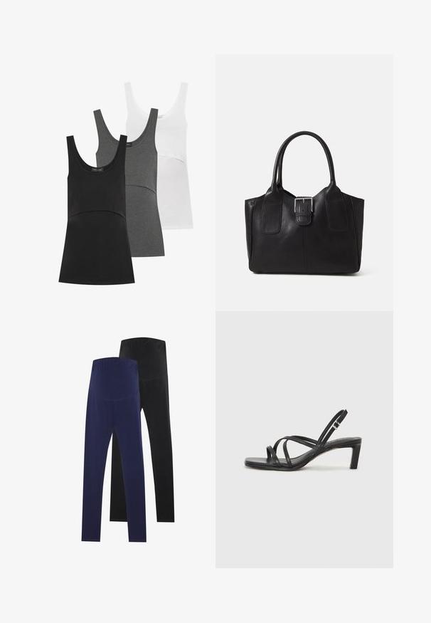 Trys maikutės be rankovių juodos, pilkos ir baltos spalvų. Kiekviena turi apvalų iškirpimą, be rankovių dizainą ir minkštą medvilnę su prigludusia juosmens linija.; Duos elastinių kelnių, viena tamsiai mėlyna, o kita juoda, pasižyminčių lygiu paviršiumi ir aukšta liemene, užtikrinančia tvirtą prigludimą.; Juodi šlepetės su kvadratiniu pirštu ir žemu bloku kulnu. Yra keli ploni dirželiai ir reguliuojamas kulkšnies diržas. Pagaminti iš lygios odos.; Juodas odinis nešiojamas krepšys su lygiu paviršiumi, struktūrine forma, dviem rankenėlėmis ir ryškiu sidabriniu sagties akcentu priekyje.