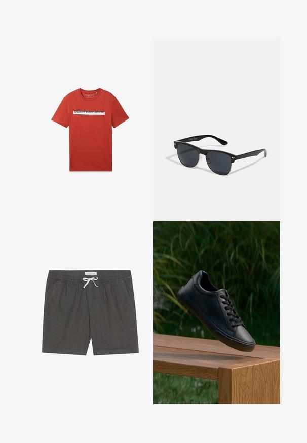 Camiseta de algodón roja con cuello redondo y mangas cortas, con un diseño de logo impreso en blanco y negro en la parte frontal.; Bañador gris hecho de una tela suave, con una cinturilla elástica y un cordón blanco, detalles de costura y bolsillos laterales.; Zapatilla de cuero negro con textura suave, punta redonda y cordones planos, posicionada sobre una superficie de madera con hierba verde al fondo.; Gafas de sol negras con forma rectangular, lentes oscuros, detalles plateados en las patillas y un acabado mate en la montura.