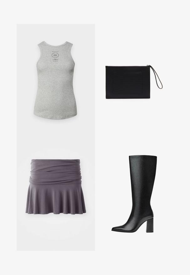 Grijze katoenen tanktop met een ronde halslijn, mouwloos ontwerp en een bedrukt label in het midden. Soepele textuur en aansluitende pasvorm.; Grijze, knielange rok gemaakt van zachte stof met een geplooide taille en uitlopende zoom. Heeft een gladde textuur en een eenvoudig ontwerp.; Zwarte laars tot de knie van faux leer met een spitse neus, een gladde textuur en een chunky blokhak. Minimalistisch ontwerp zonder zichtbare accenten.; Zwarte clutch gemaakt van textuurstof met een rechthoekige vorm, voorzien van een ritssluiting en een polsband. Inclusief een voorvak.
